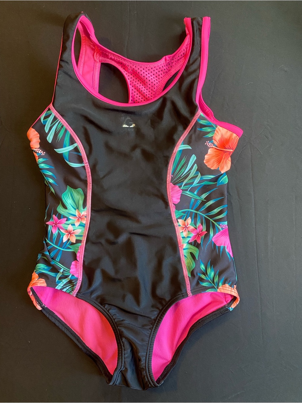 Quiksilver Black Swimsuit with Hot Pink Trim & Tropical Floral Panels